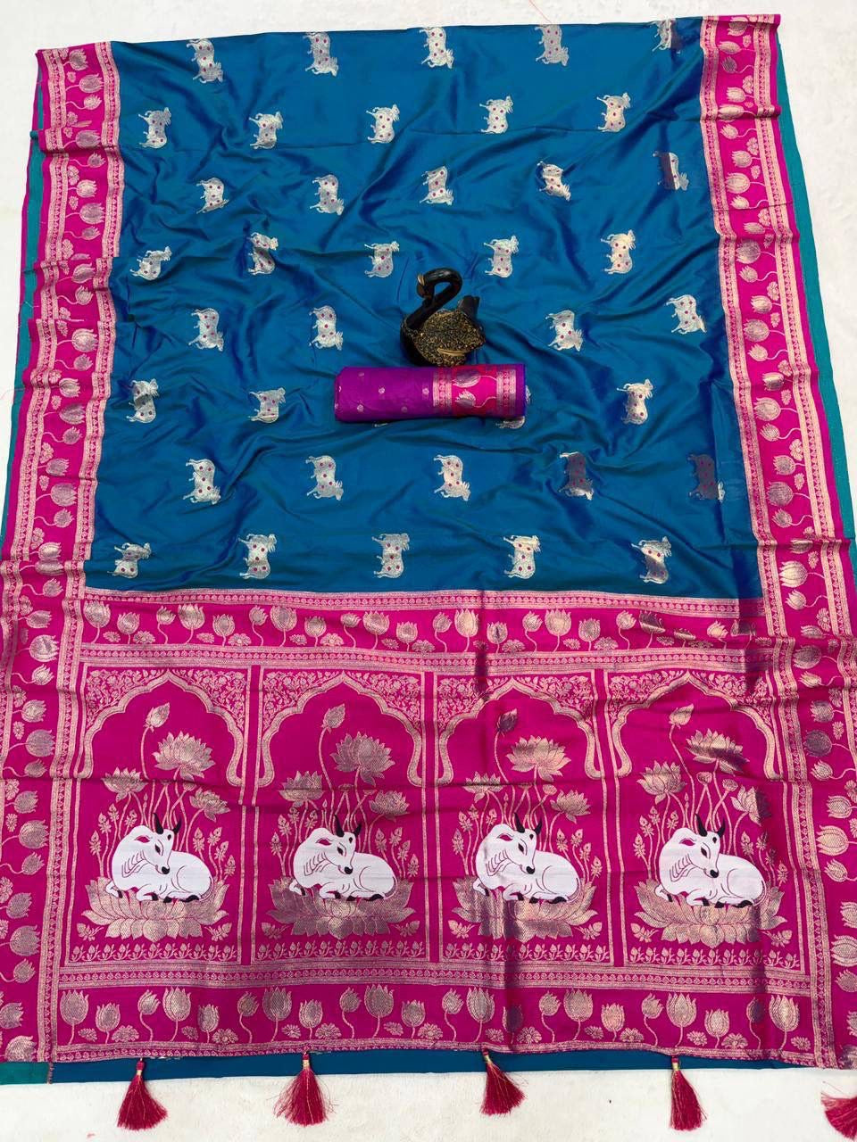 Turquoise Blue Soft Silk Paithani Saree with Nandhi Motifs