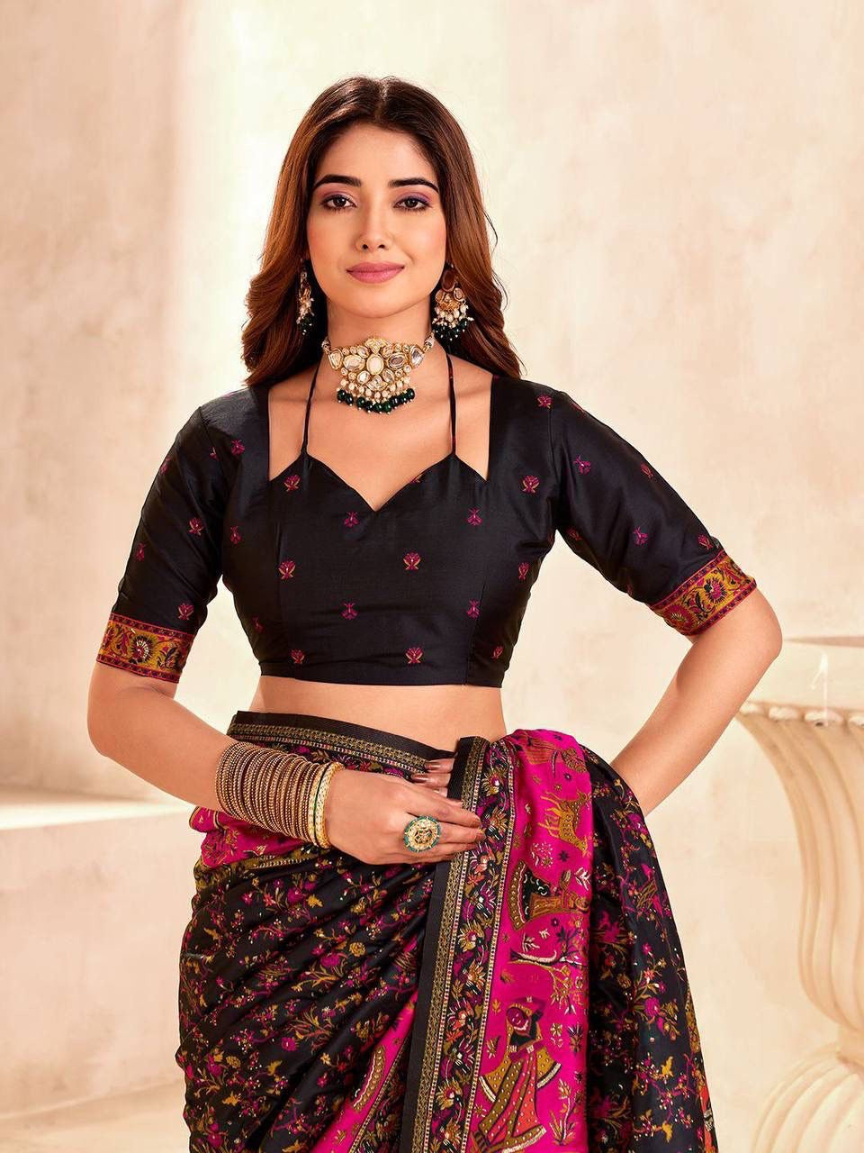 Blue Soft Rajwadi Pashmina Silk Weaving Saree