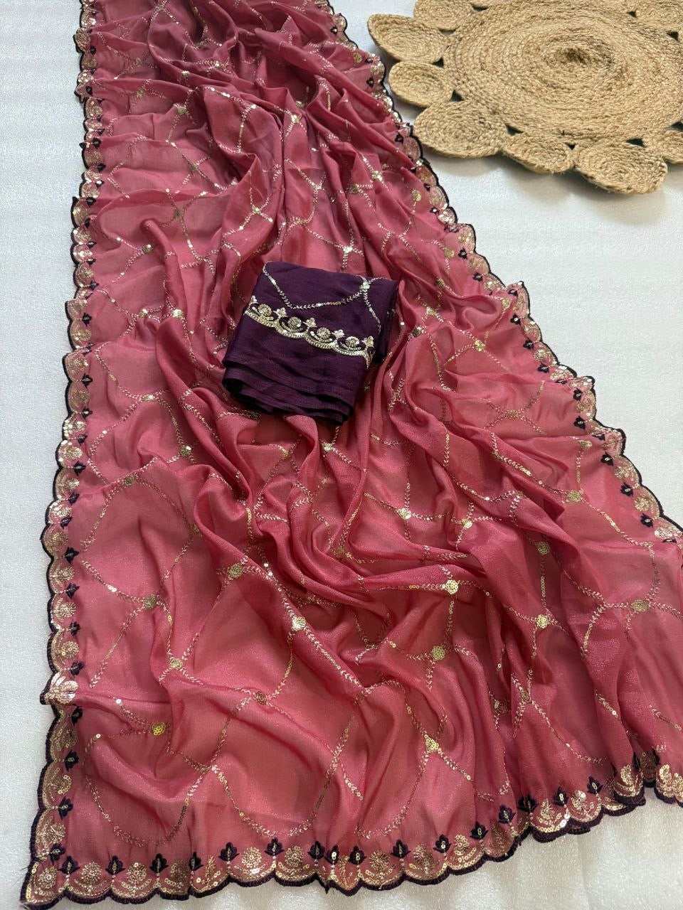 Rose Red Georgette Saree with Embroidery & Sequence Work