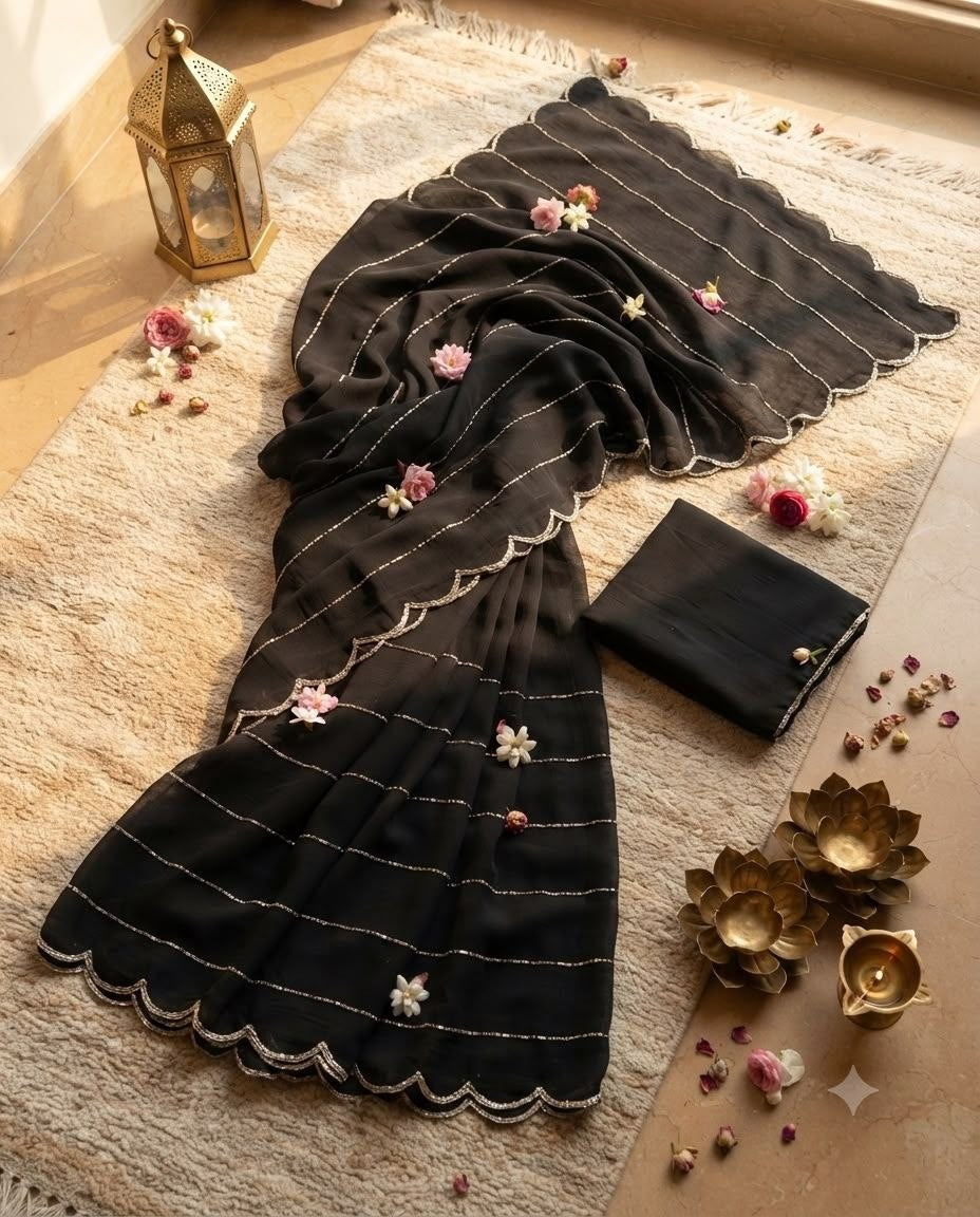 Black Elegant Georgette Saree with Handwork