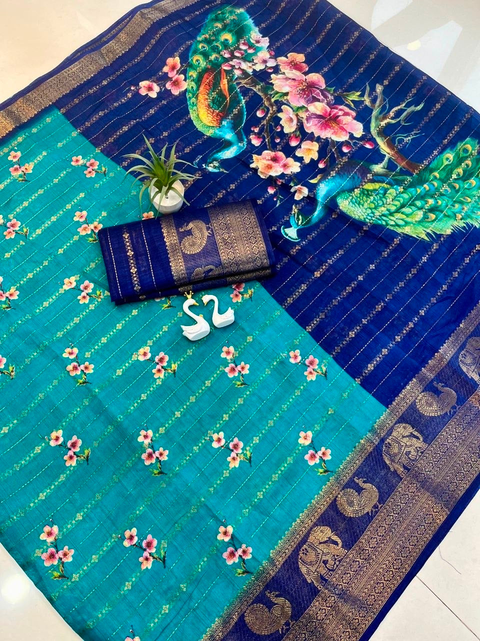 Pure Kolam Silk with Jacquard border Saree with Peacock Print in 5 colors
