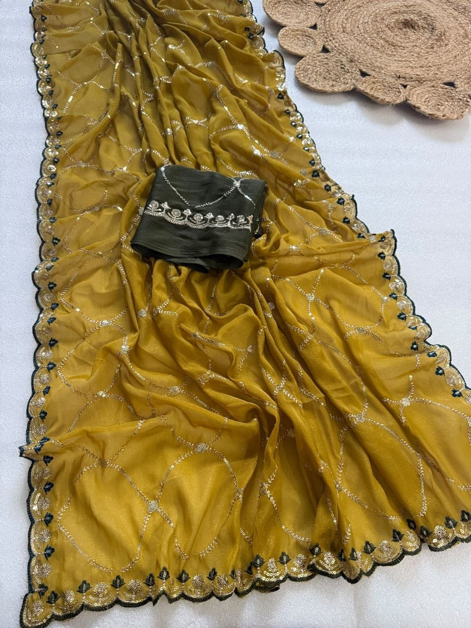 Mustard Georgette Saree with Embroidery & Sequence Work