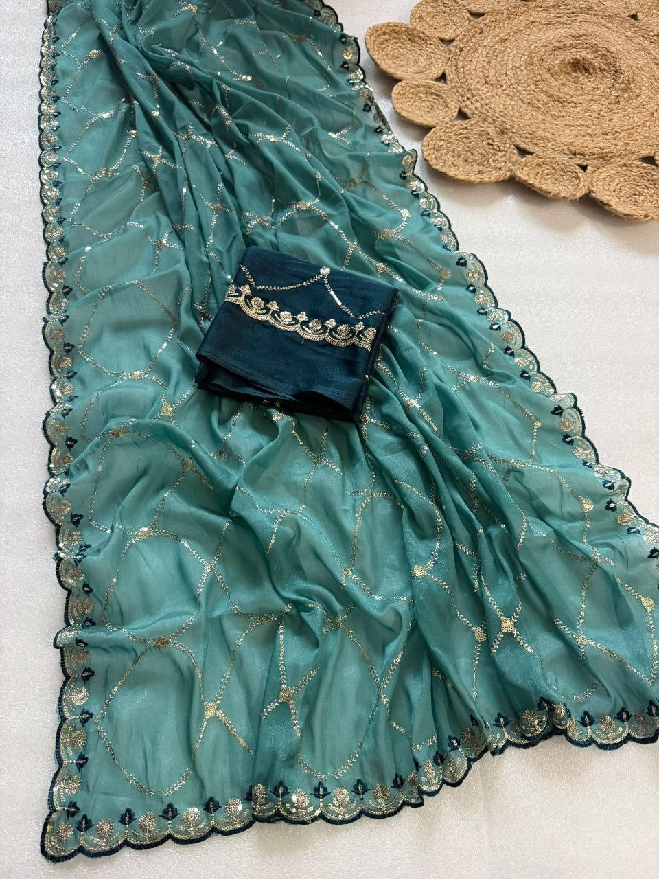 Teal Blue Pure Georgette Saree with Embroidery & Sequence Work