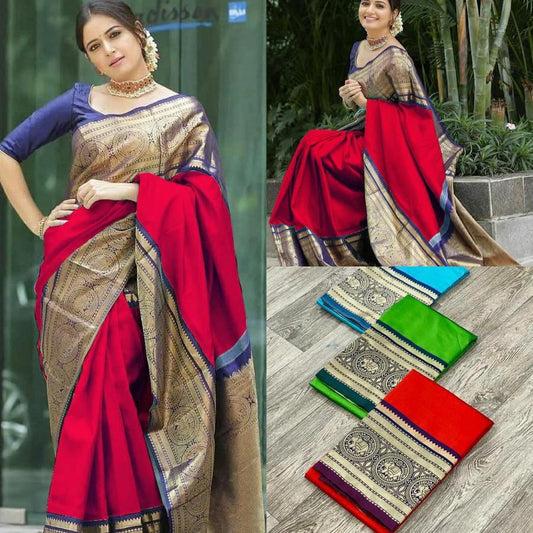 Elephant Border Cotton Silk Gold Weaving Saree