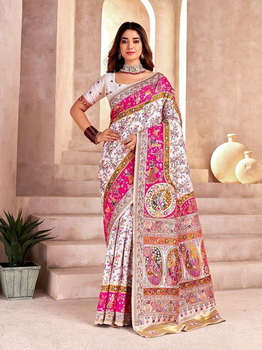 White Soft Rajwadi Pashmina Silk Weaving Saree