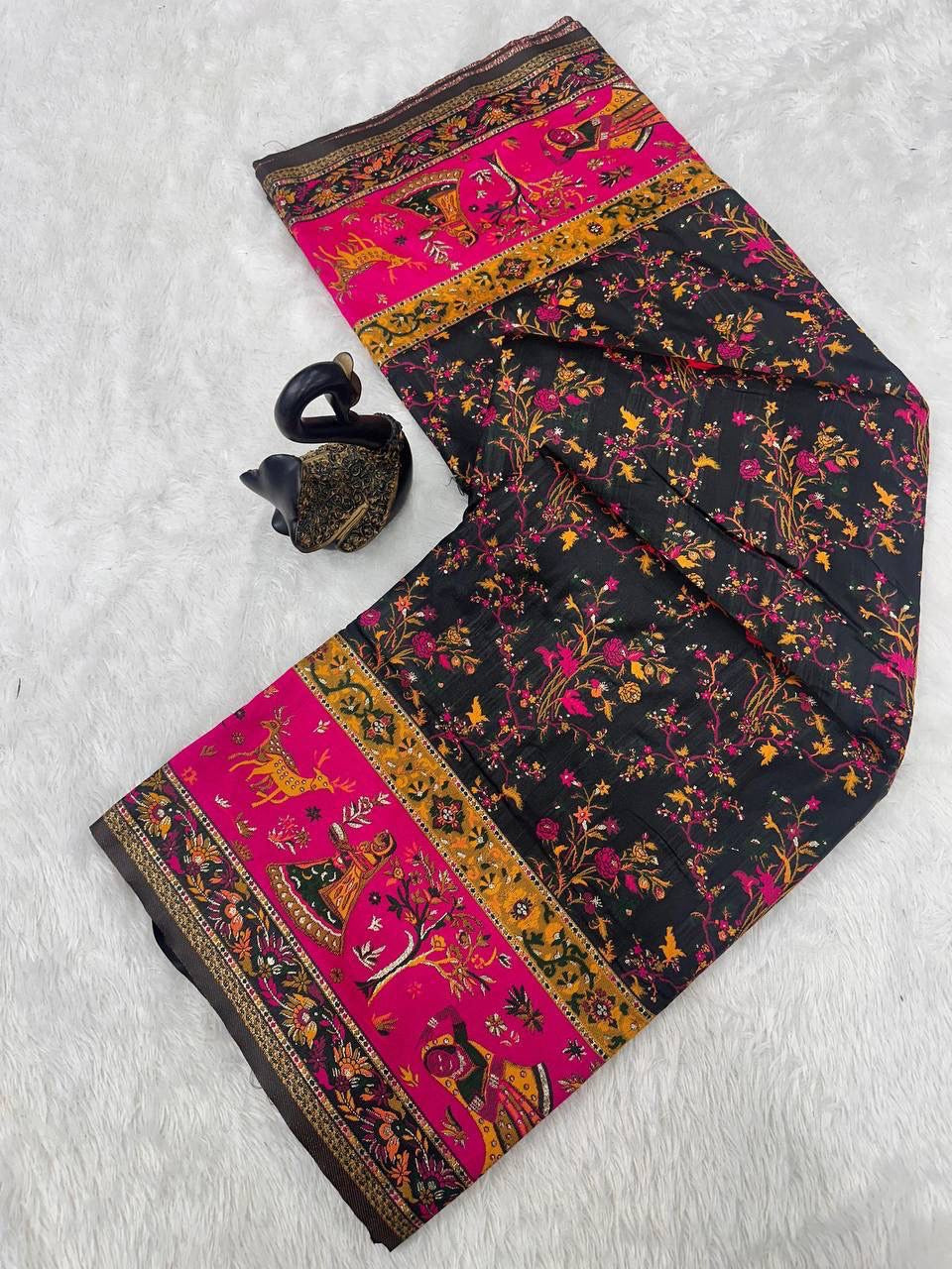 Black Soft Rajwadi Pashmina Silk Weaving Saree
