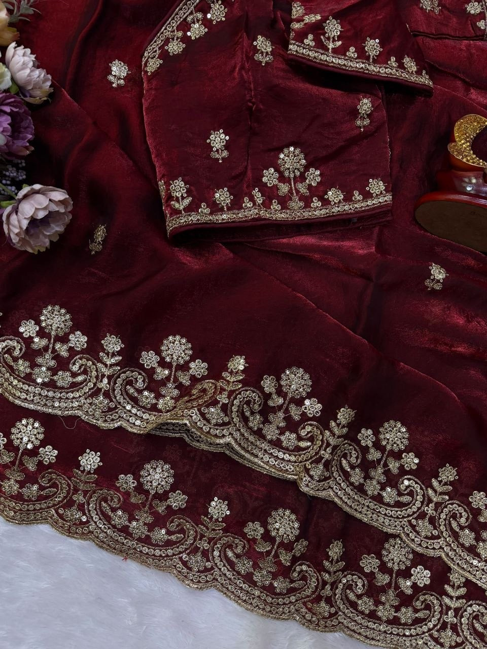 Maroon Two Tone Space Silk Zari Work Designer Saree with Readymade Blouse