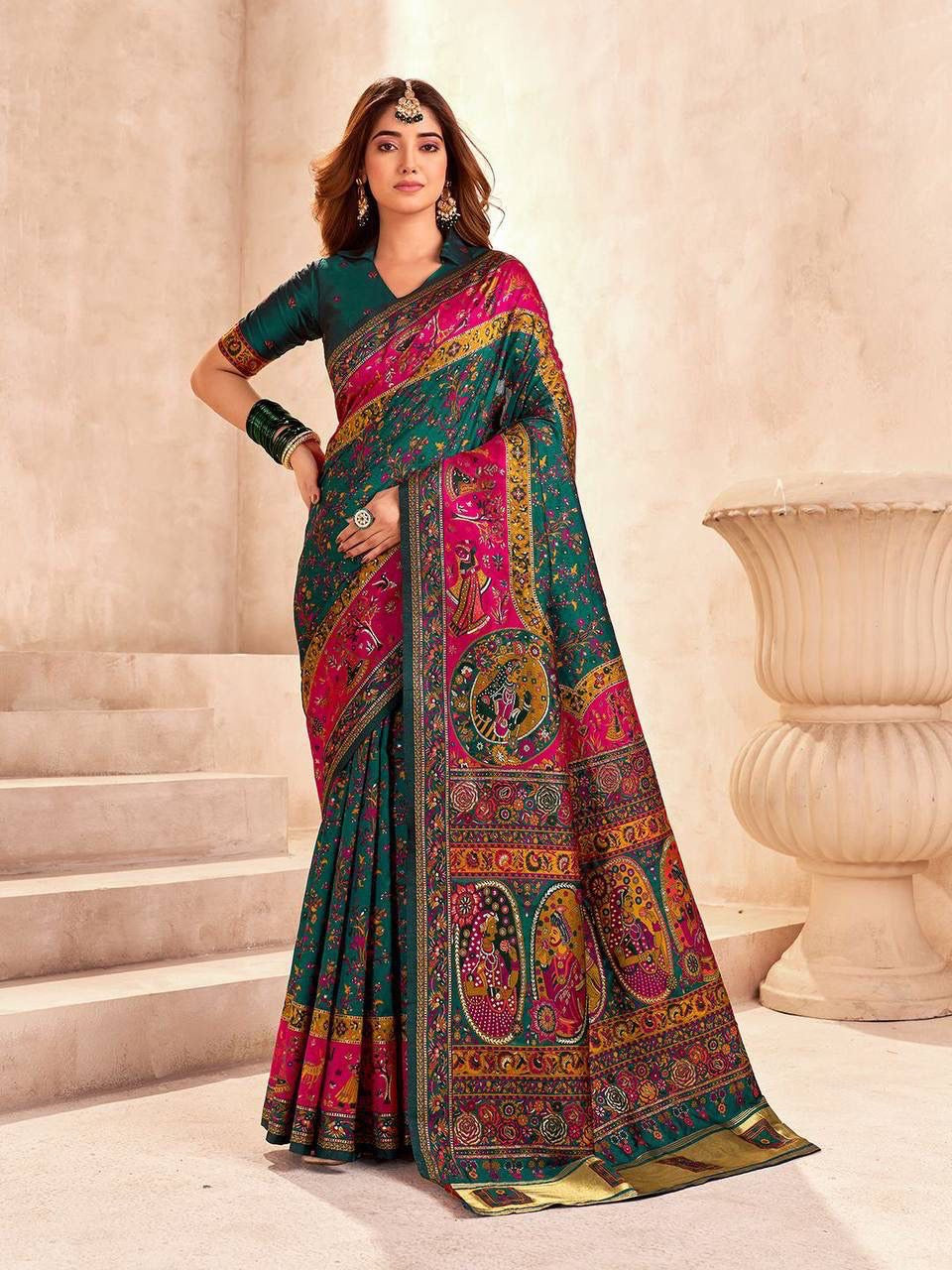 Green Soft Rajwadi Pashmina Silk Weaving Saree