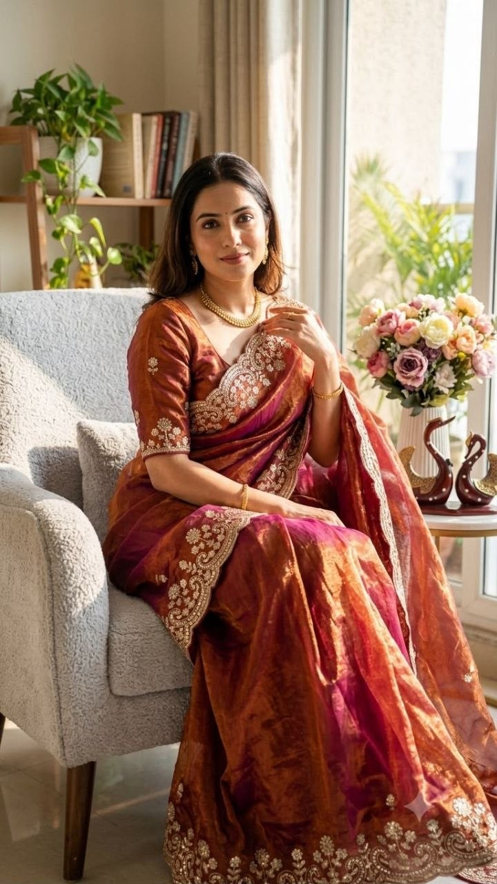 Copper Two Tone Space Silk Zari Work Designer Saree with Readymade Blouse
