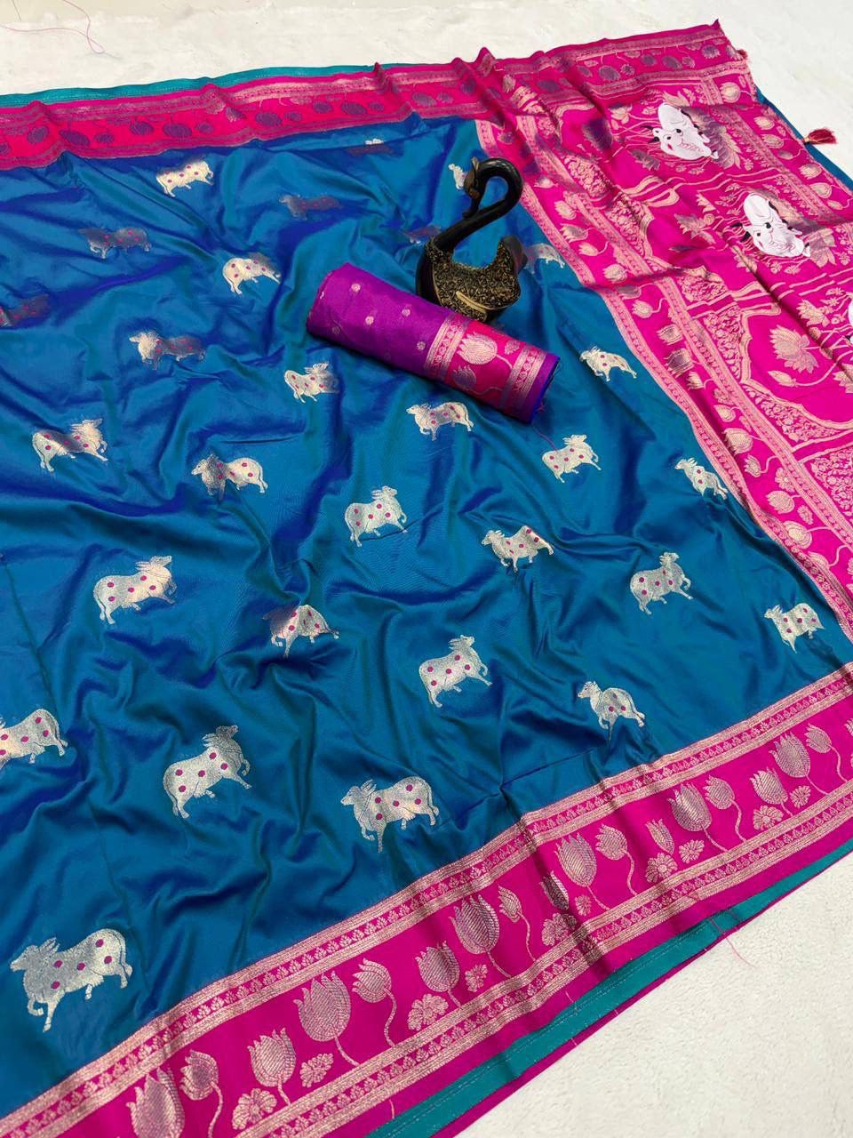 Turquoise Blue Soft Silk Paithani Saree with Nandhi Motifs