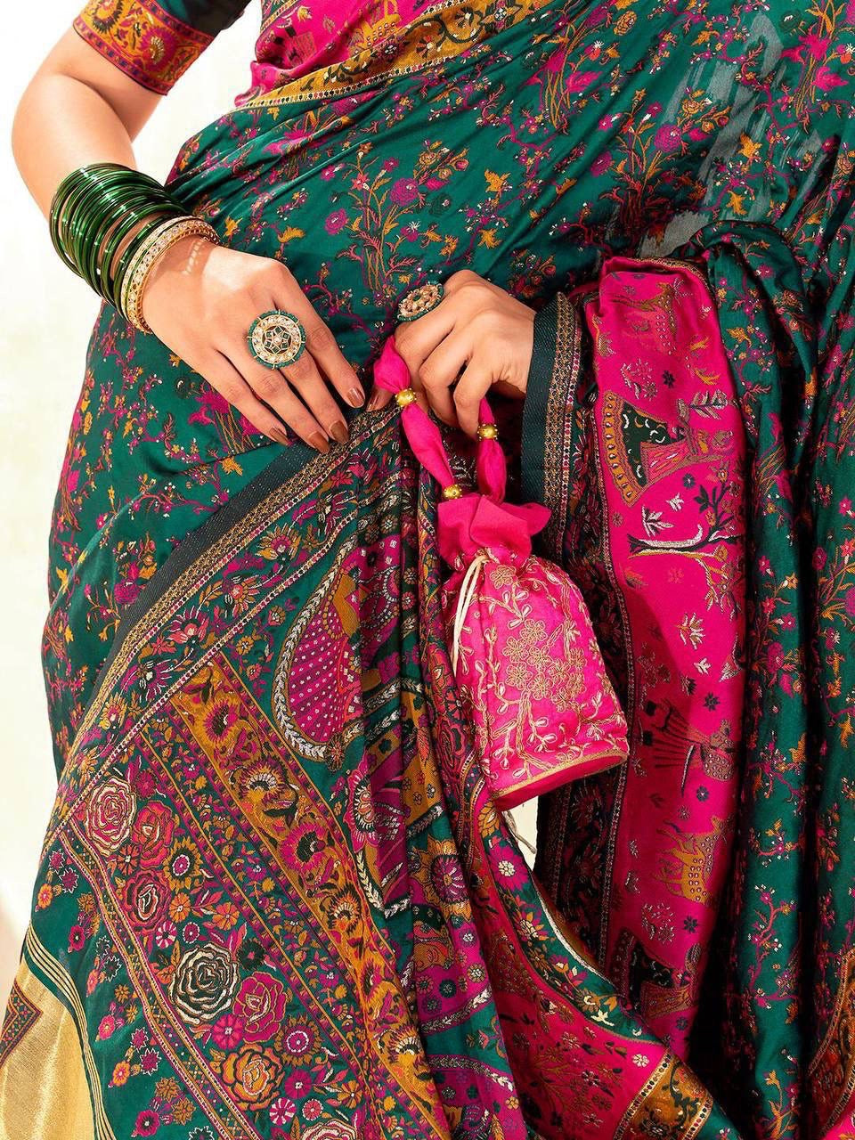 Green Soft Rajwadi Pashmina Silk Weaving Saree