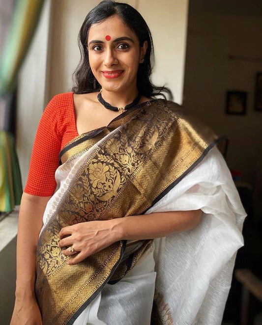 White Black Border Cotton Silk Gold Weaving Saree