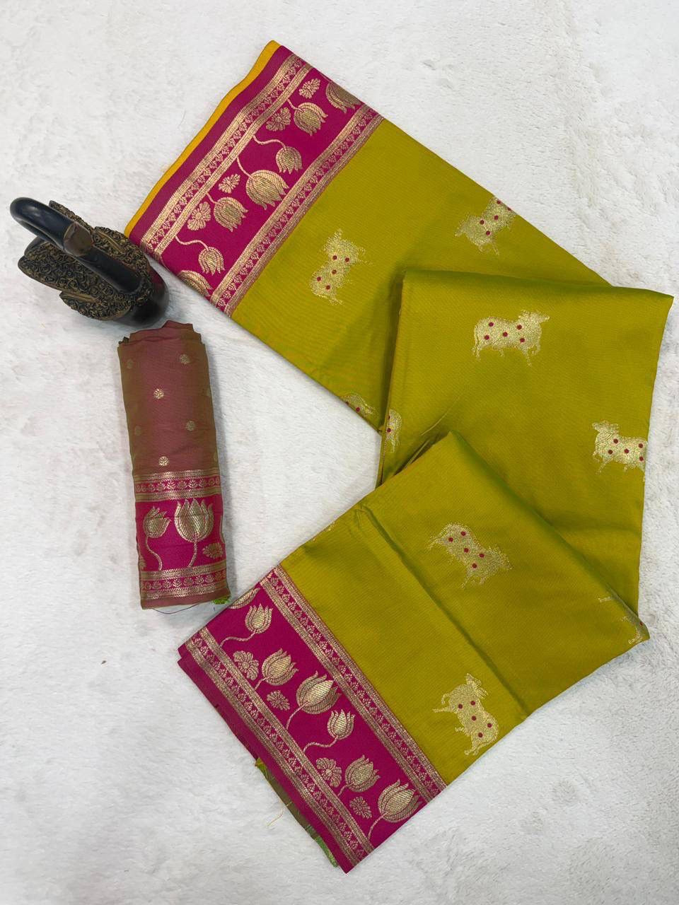 Parrot Green Soft Silk Paithani Saree with Nandhi Motifs