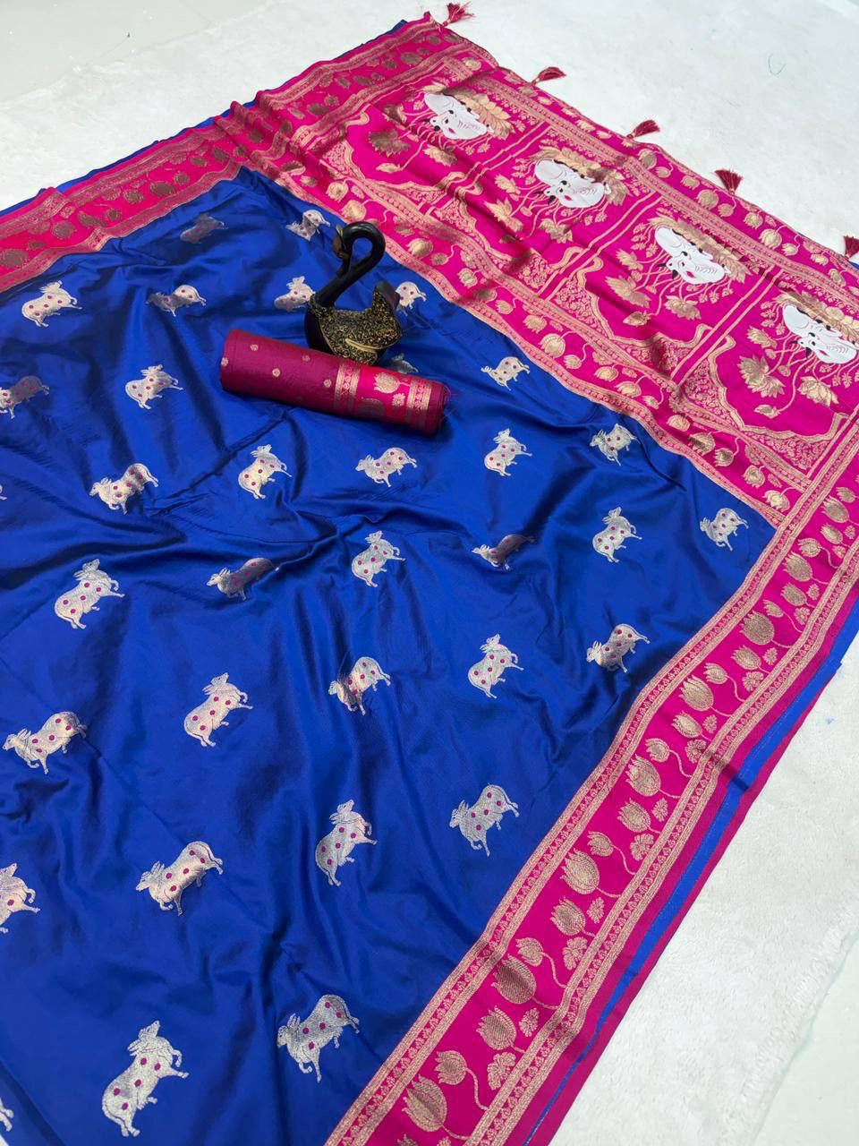Royal Blue Soft Silk Paithani Saree with Nandhi Motifs