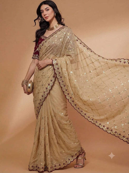 Milk Coffee Georgette Saree with Embroidery & Sequence Work