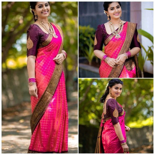 Hot Pink Checked Cotton Silk Gold Weaving Saree
