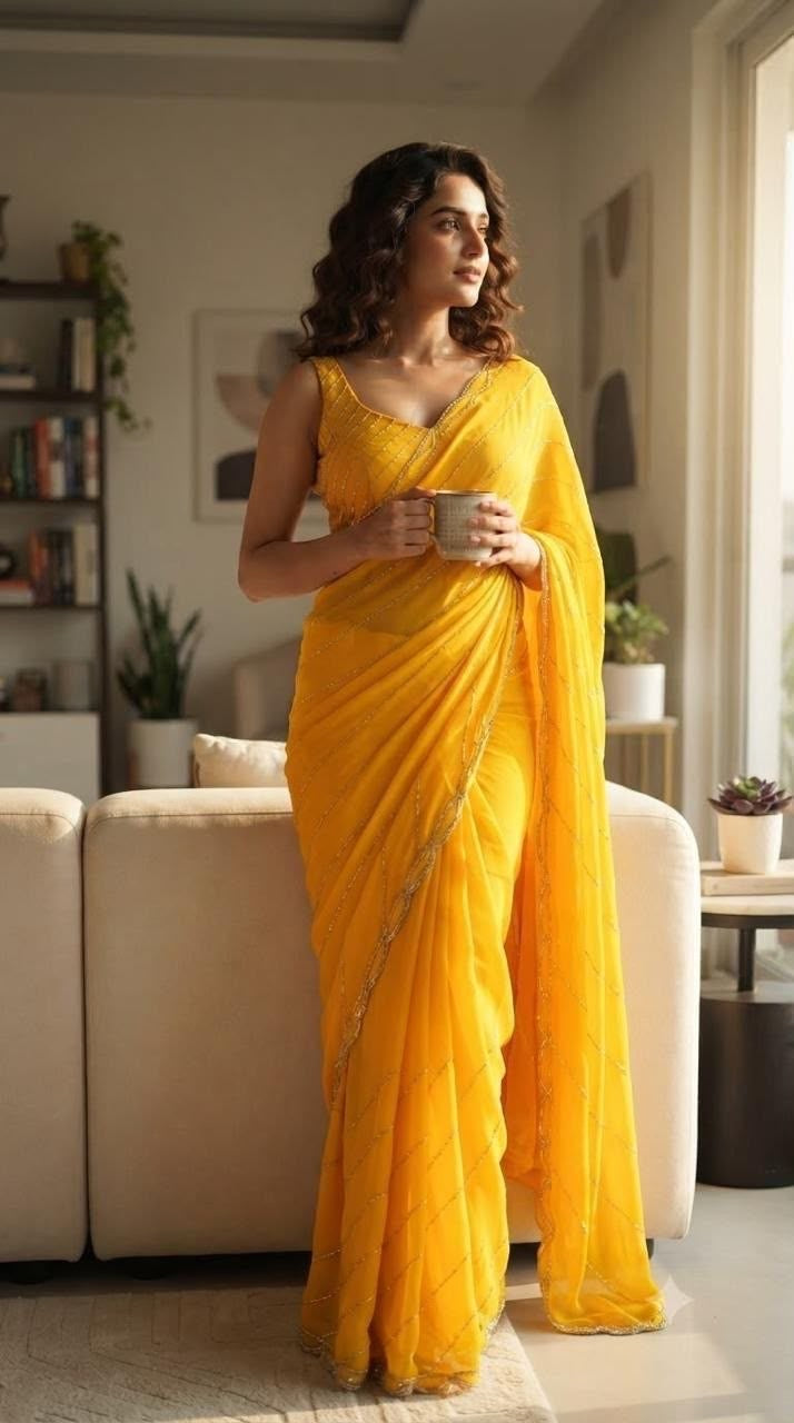 Yellow Elegant Georgette Saree with Handwork