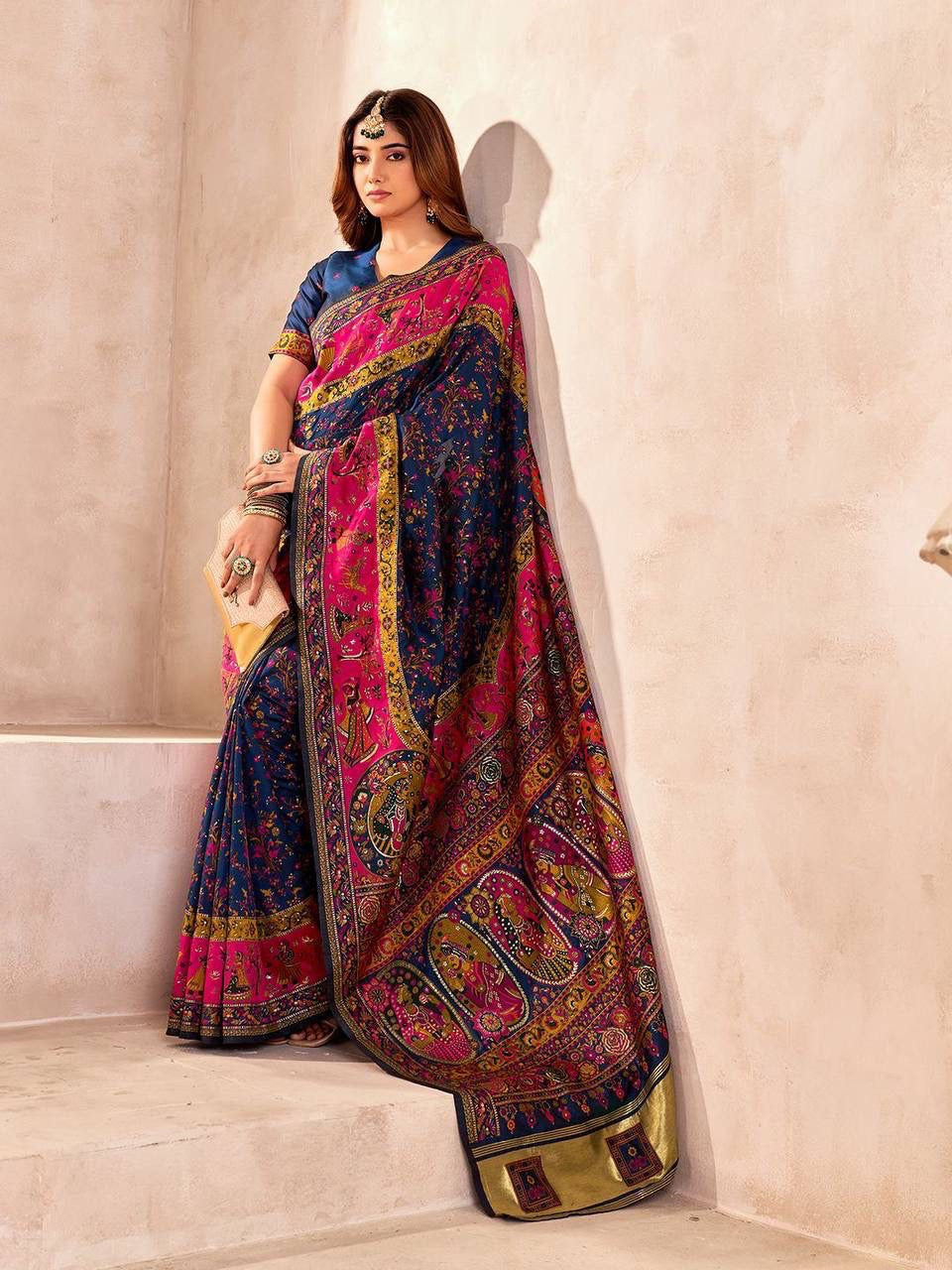 Blue Soft Rajwadi Pashmina Silk Weaving Saree