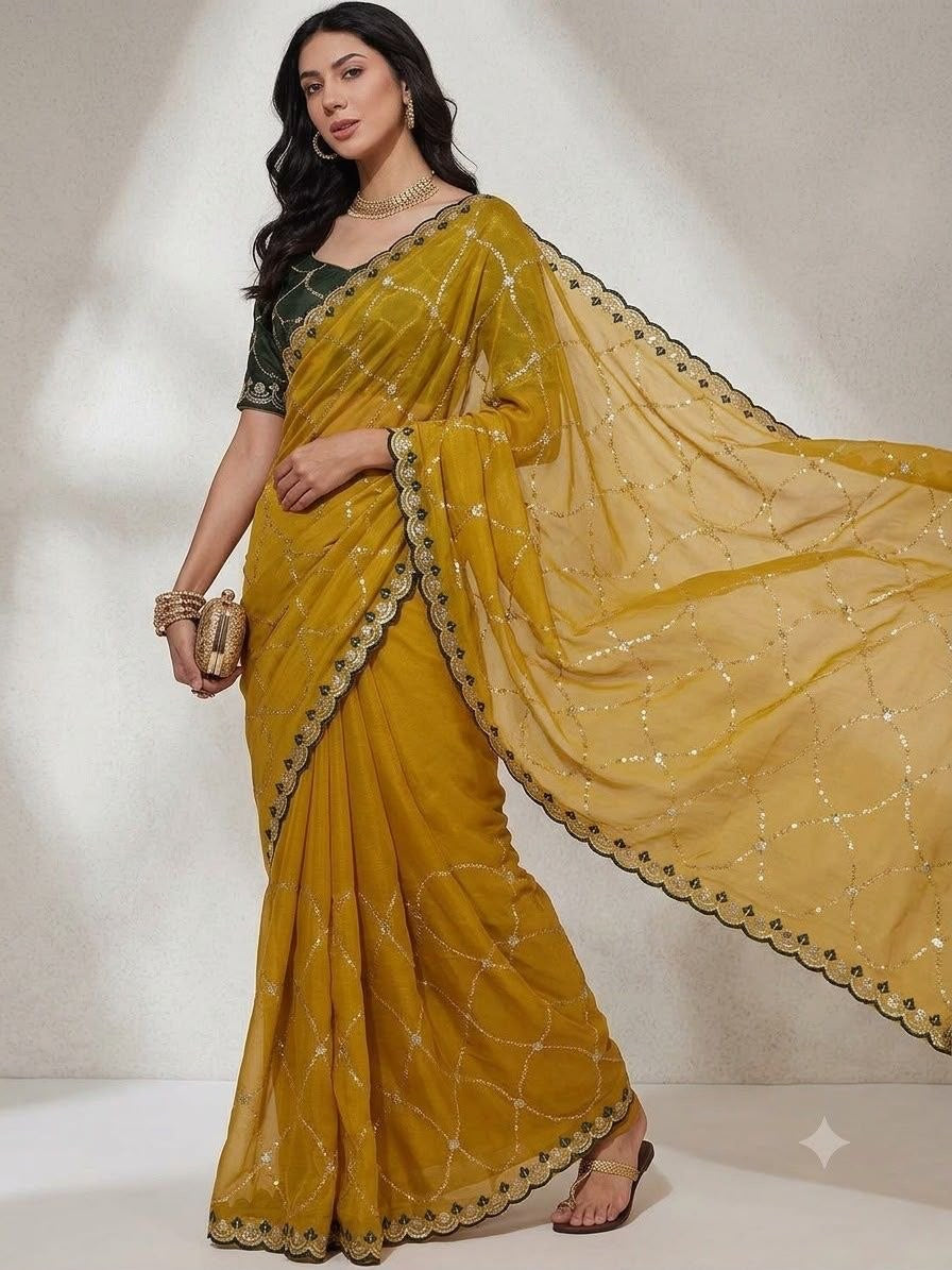 Mustard Georgette Saree with Embroidery & Sequence Work