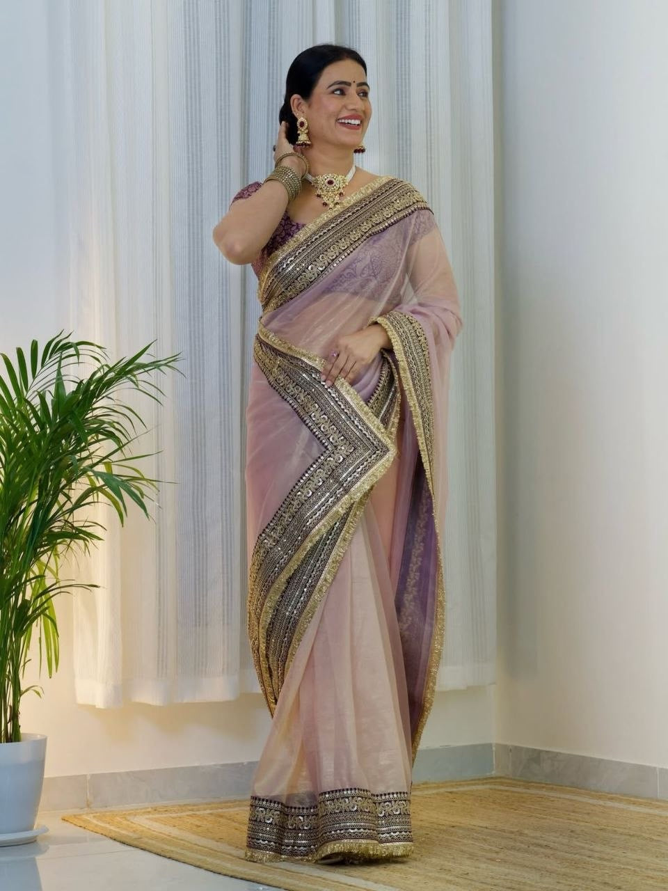 Lavender Purple Soft Twil Net Designer Saree