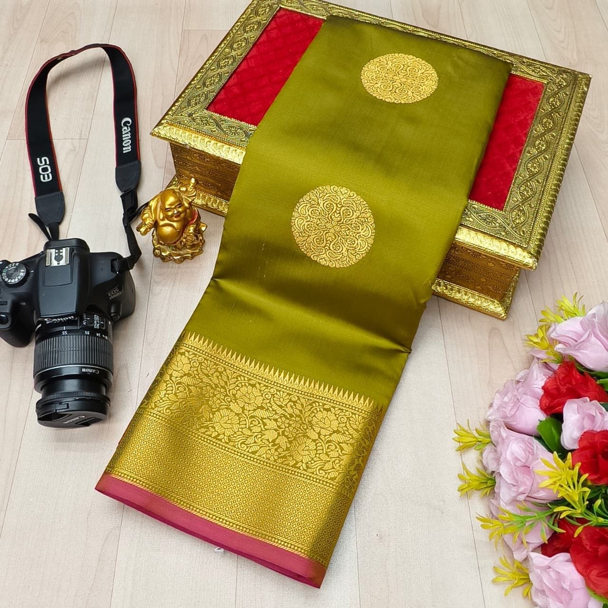 Olive Green Shining Fusion Soft Silk Sarees