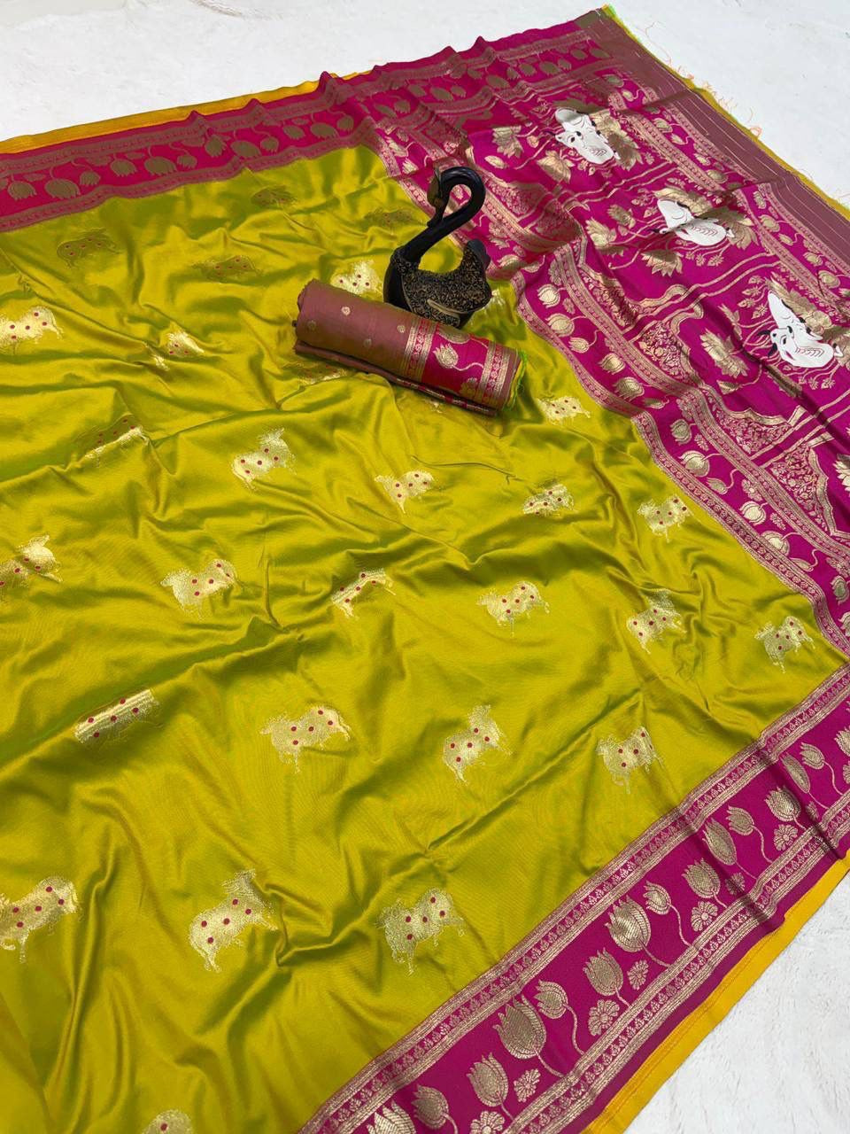 Parrot Green Soft Silk Paithani Saree with Nandhi Motifs