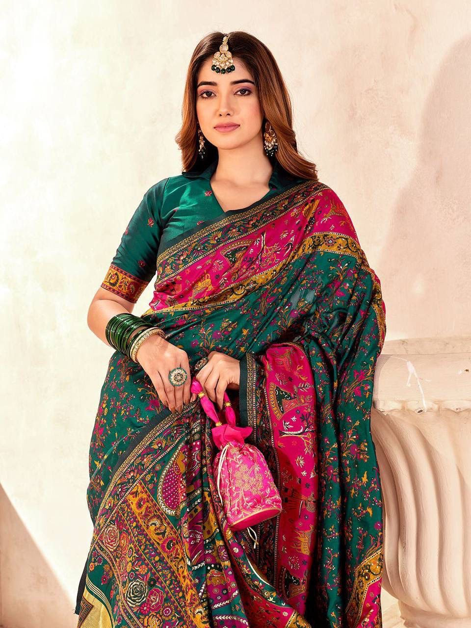Green Soft Rajwadi Pashmina Silk Weaving Saree