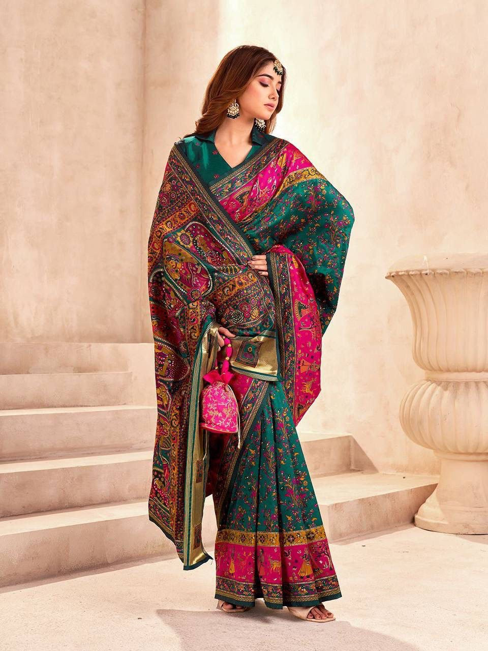 Green Soft Rajwadi Pashmina Silk Weaving Saree
