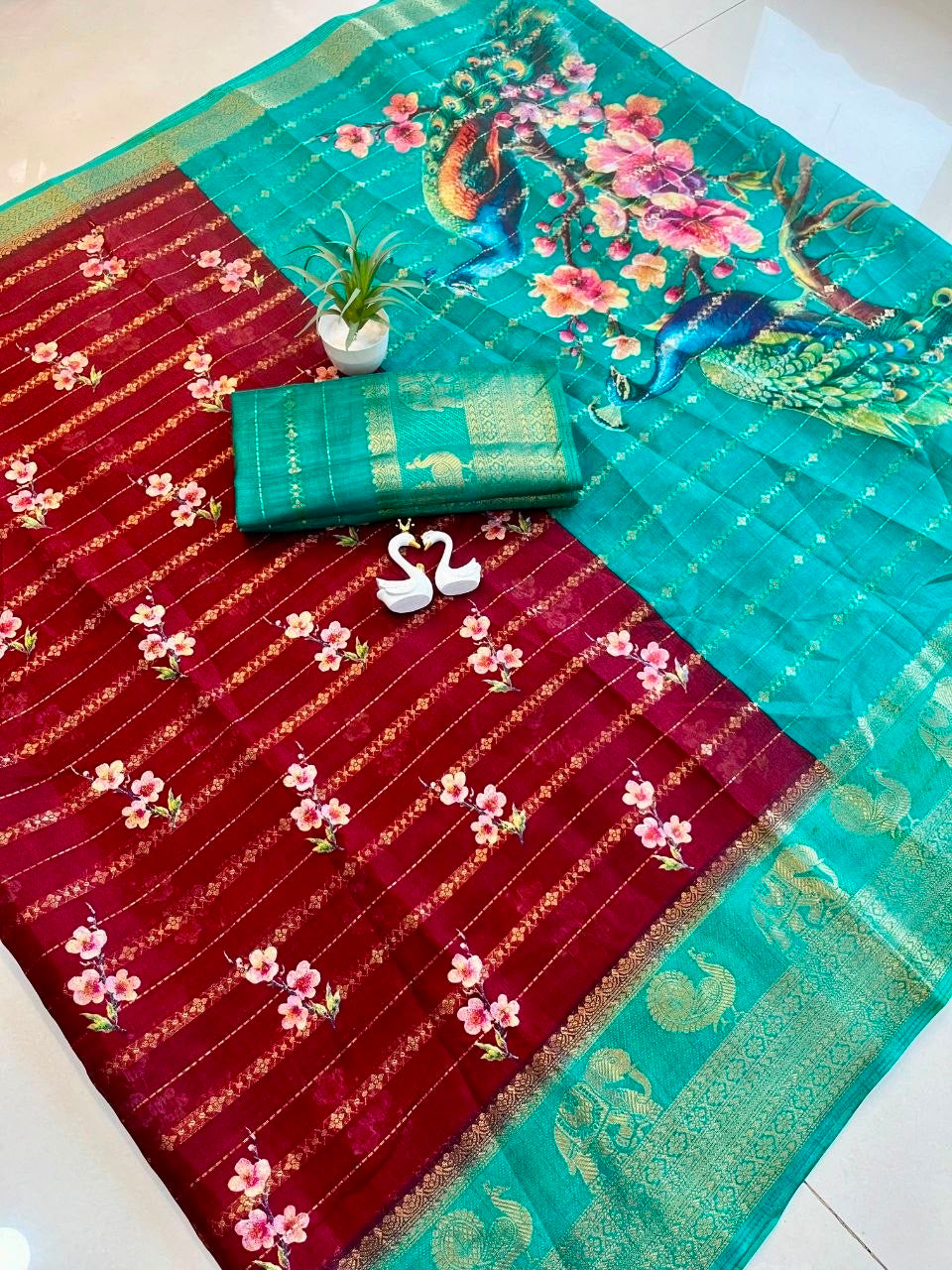 Pure Kolam Silk with Jacquard border Saree with Peacock Print in 5 colors