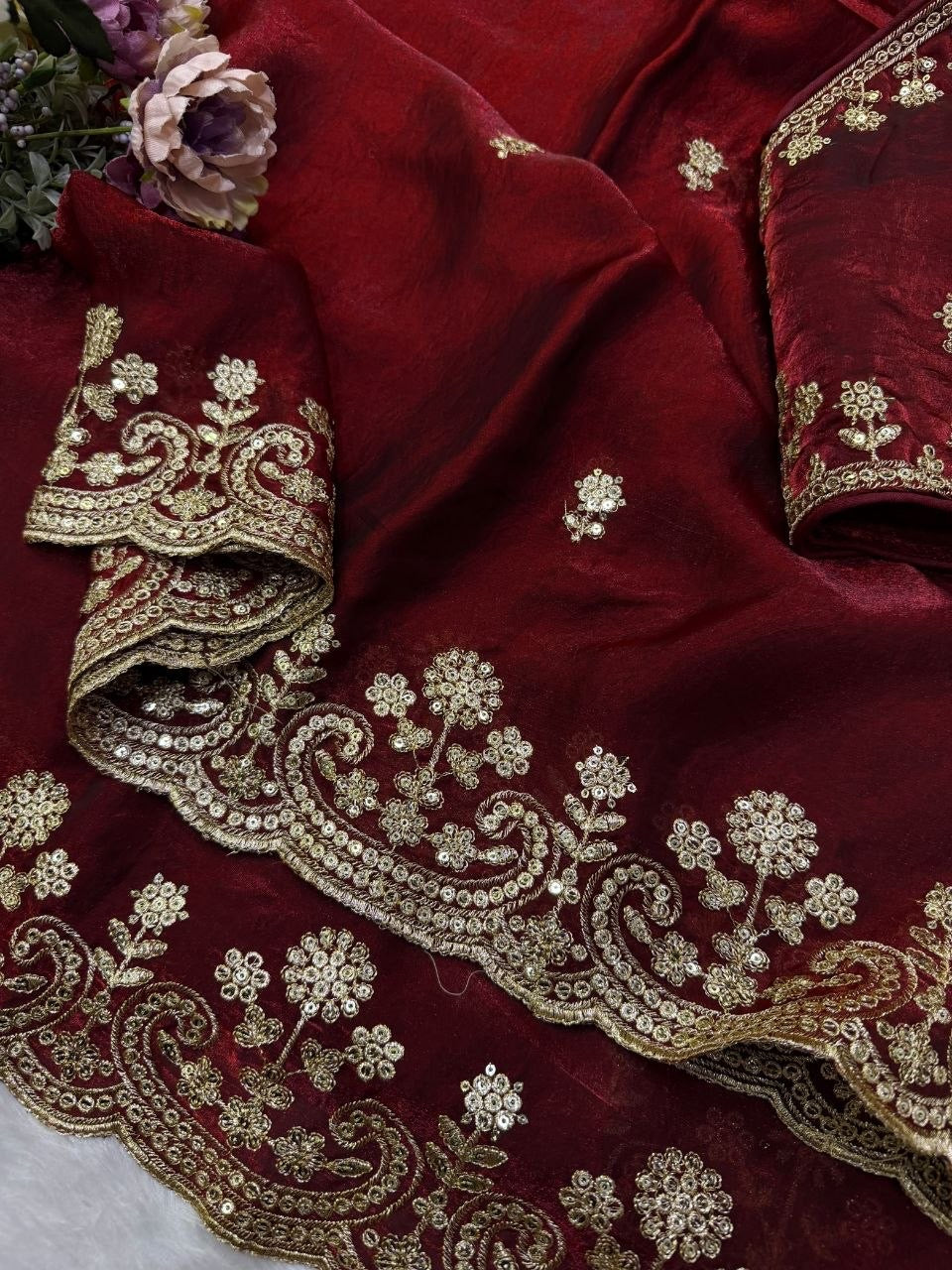 Maroon Two Tone Space Silk Zari Work Designer Saree with Readymade Blouse