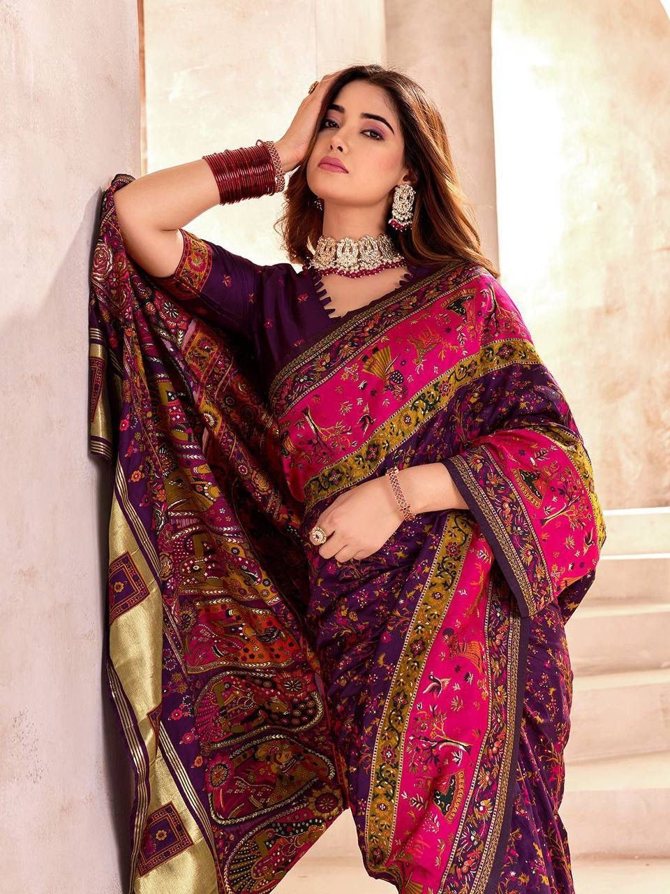 Purple Soft Rajwadi Pashmina Silk Weaving Saree
