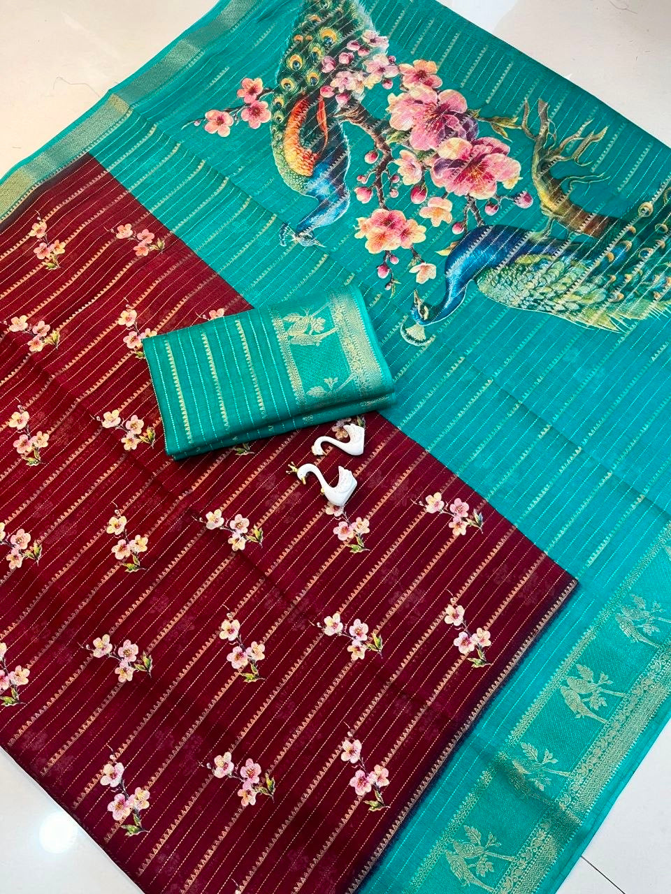 Pure Kolam Silk with Jacquard border Saree with Peacock Print in 5 colors