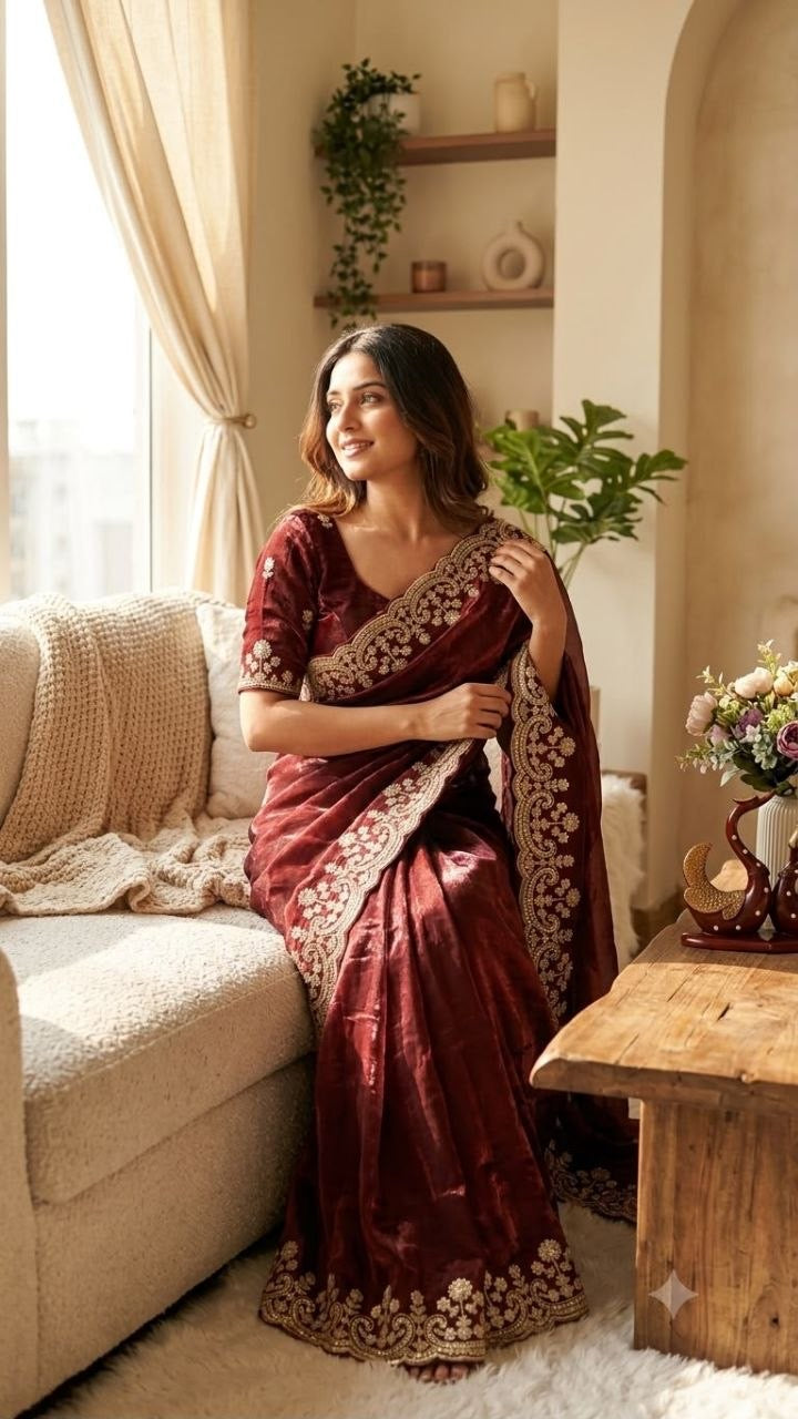 Maroon Two Tone Space Silk Zari Work Designer Saree with Readymade Blouse