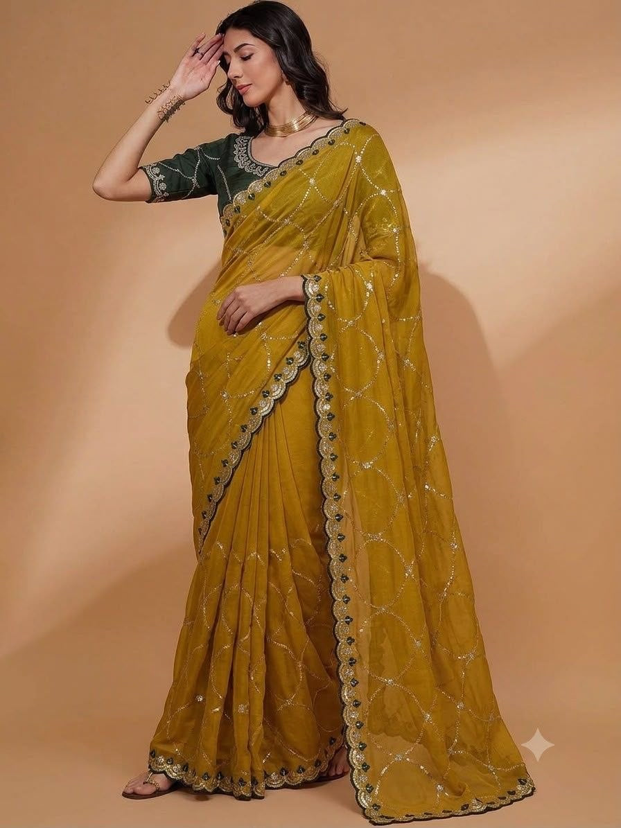 Mustard Georgette Saree with Embroidery & Sequence Work