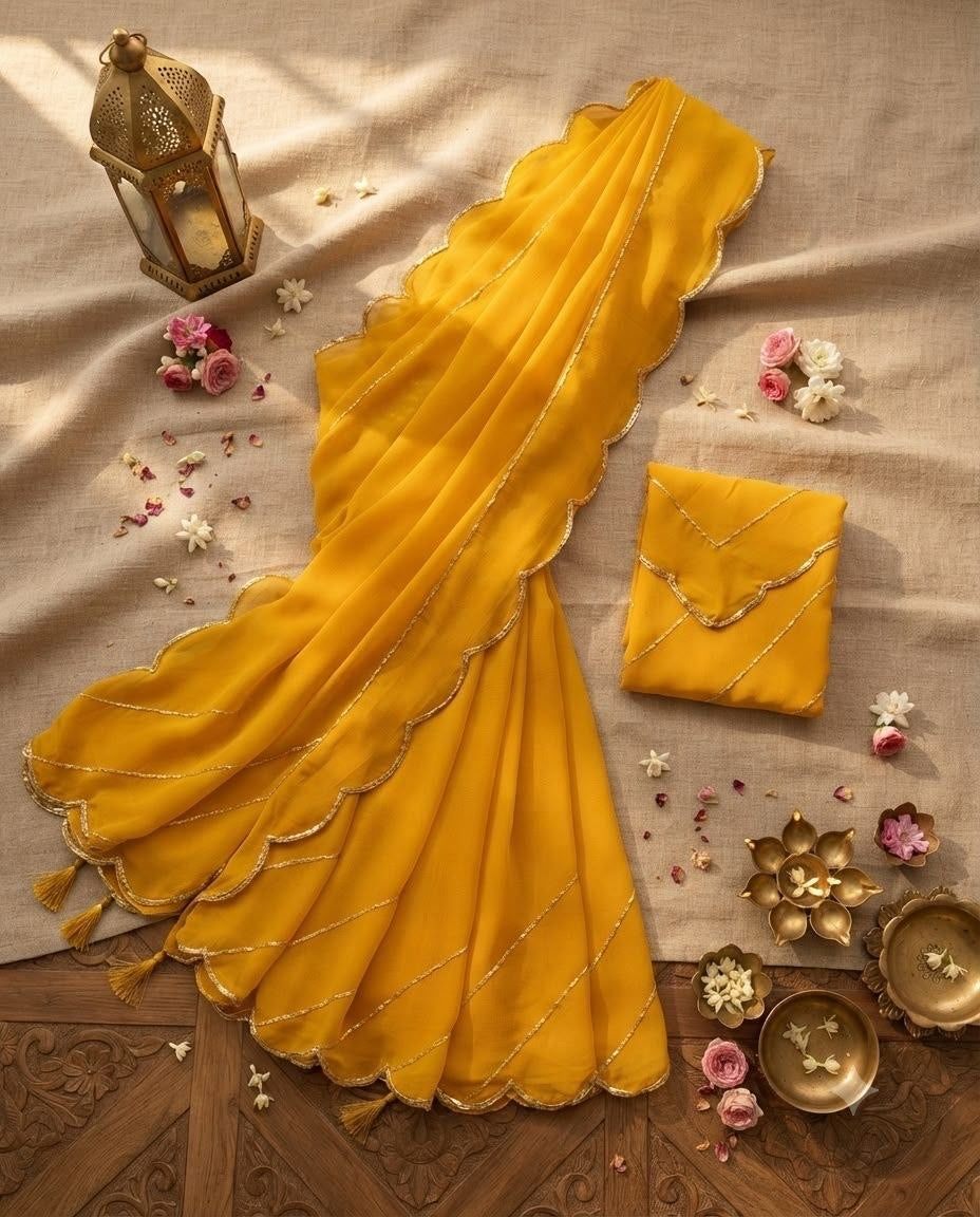 Yellow Elegant Georgette Saree with Handwork