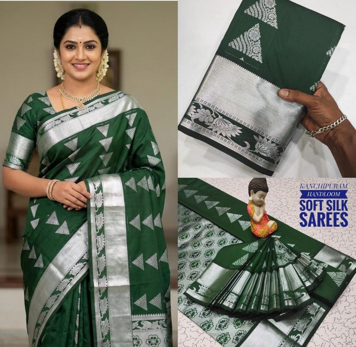 Dark Green with Silver Kanchipuram Handloom Soft Silk Saree