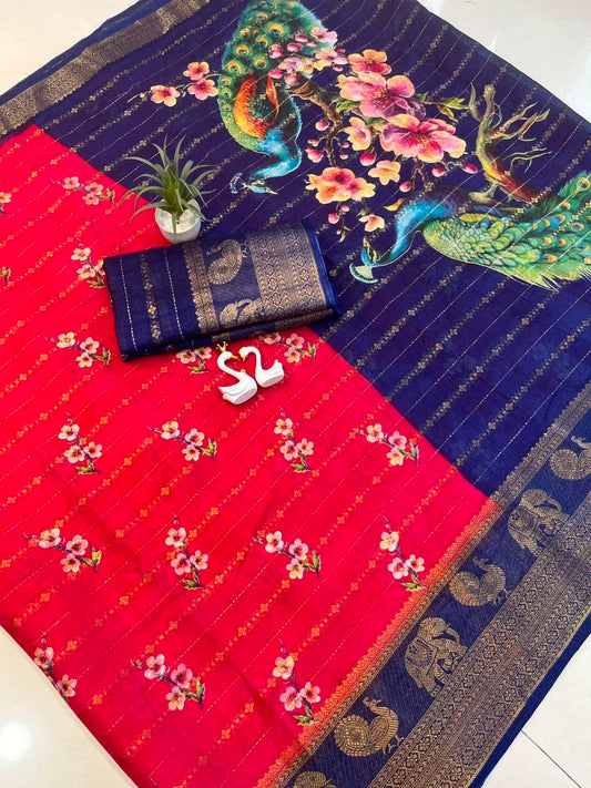 Pure Kolam Silk with Jacquard border Saree with Peacock Print in 5 colors