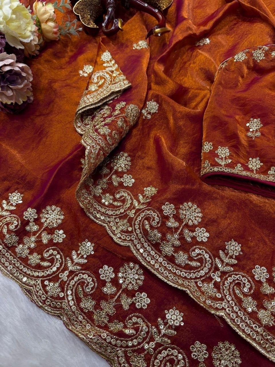 Copper Two Tone Space Silk Zari Work Designer Saree with Readymade Blouse