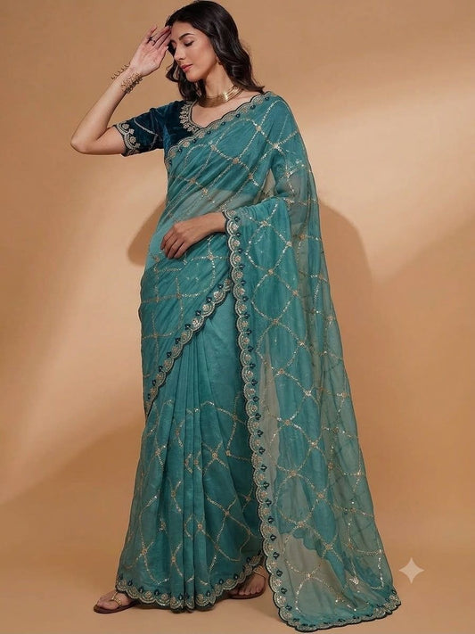 Teal Blue Pure Georgette Saree with Embroidery & Sequence Work