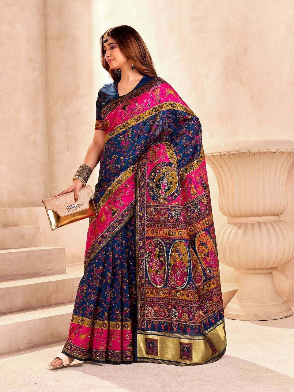 Blue Soft Rajwadi Pashmina Silk Weaving Saree
