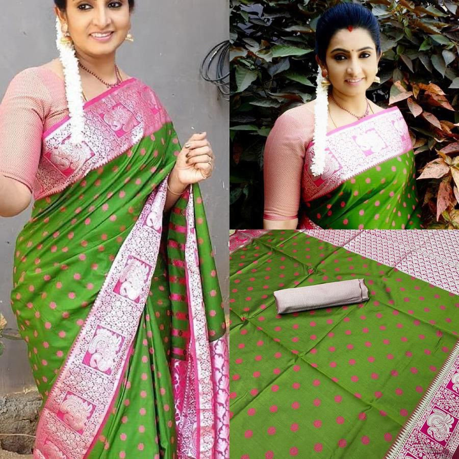 Olive Green Pink Border Cotton Silk Gold Weaving Saree