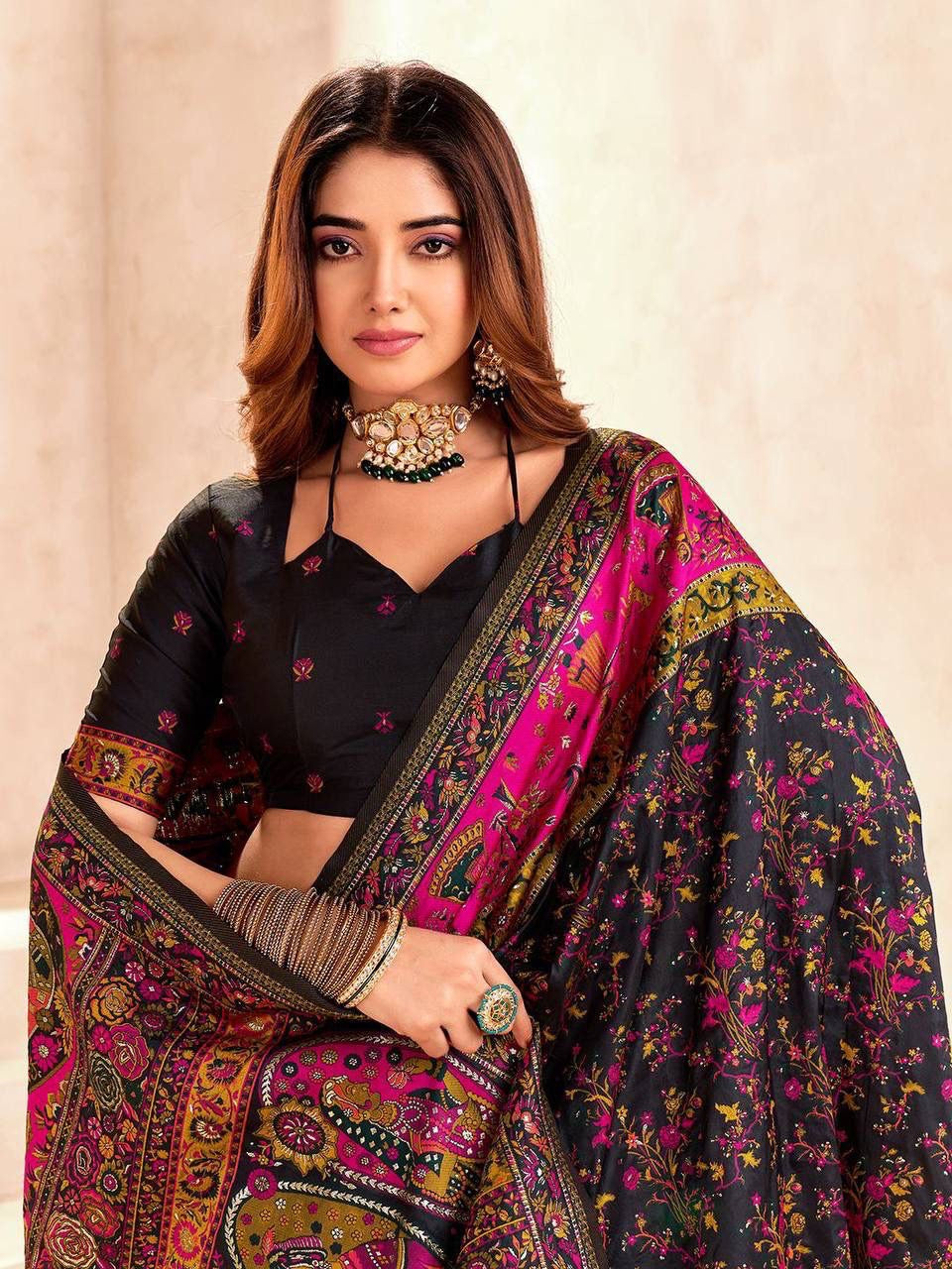 Black Soft Rajwadi Pashmina Silk Weaving Saree