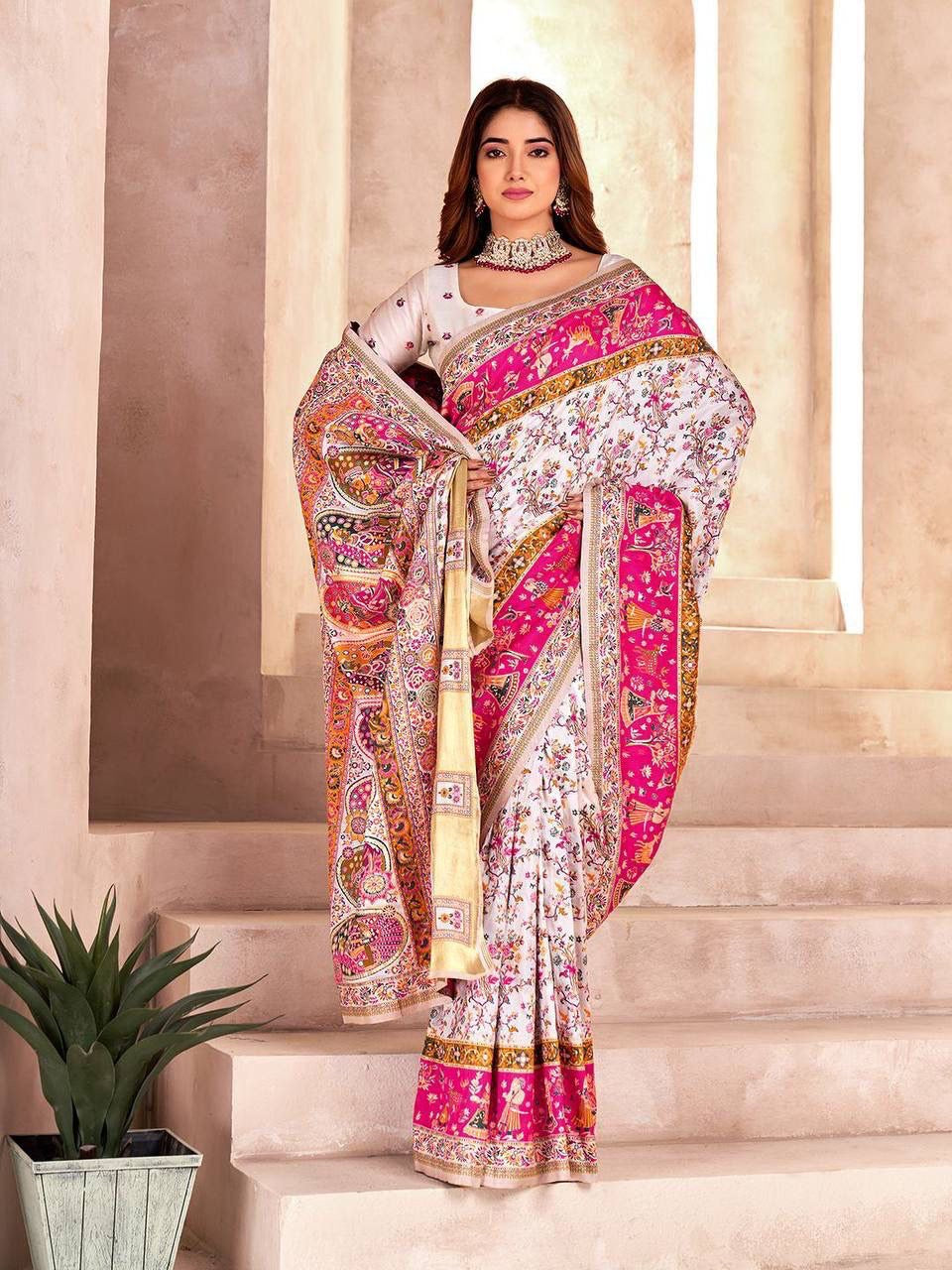 White Soft Rajwadi Pashmina Silk Weaving Saree