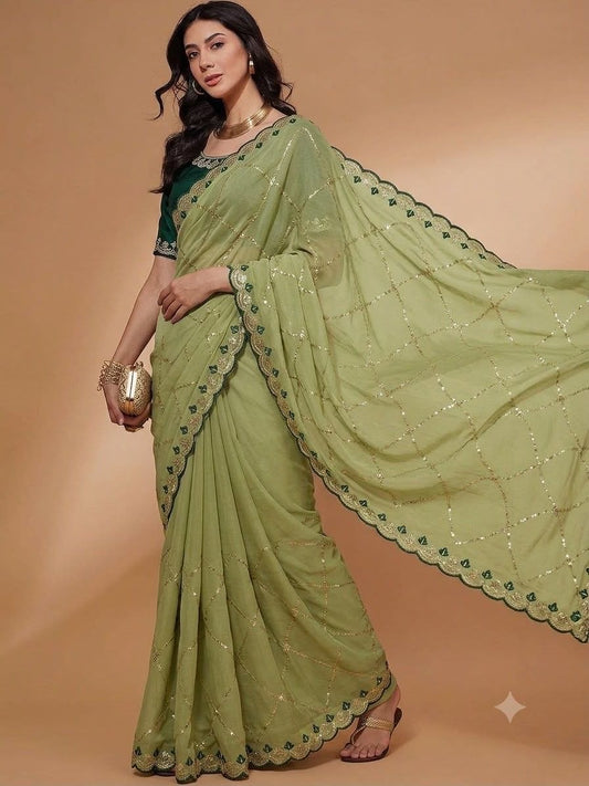 Olive Green Pure Georgette Saree with Embroidery & Sequence Work