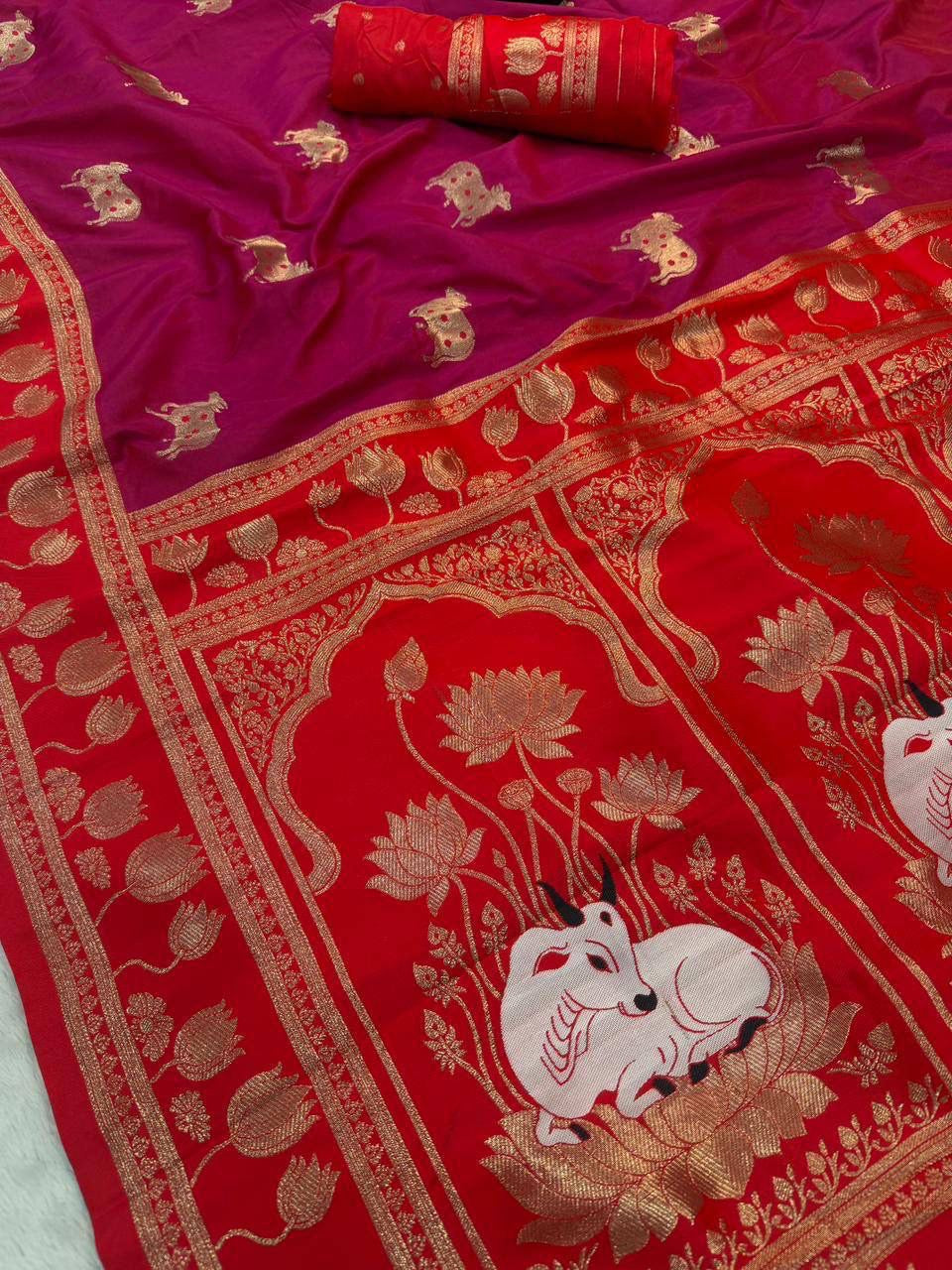 Dark Pink Soft Silk Paithani Saree with Nandhi Motifs