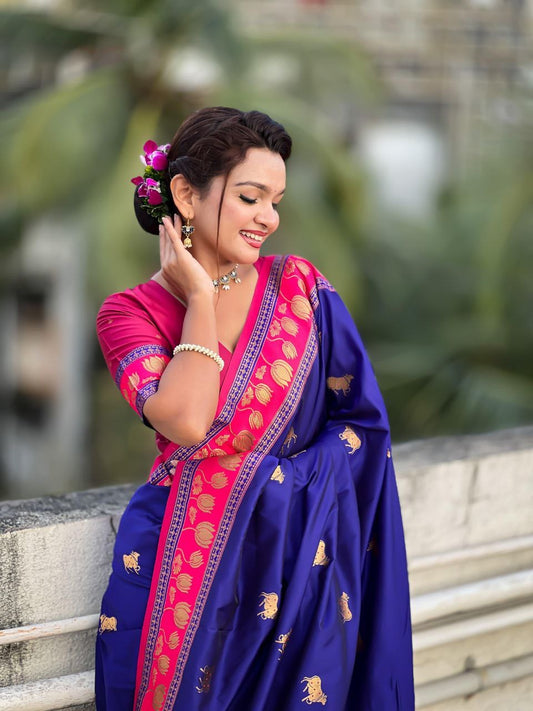 Royal Blue Soft Silk Paithani Saree with Nandhi Motifs