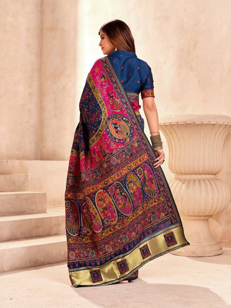 Blue Soft Rajwadi Pashmina Silk Weaving Saree