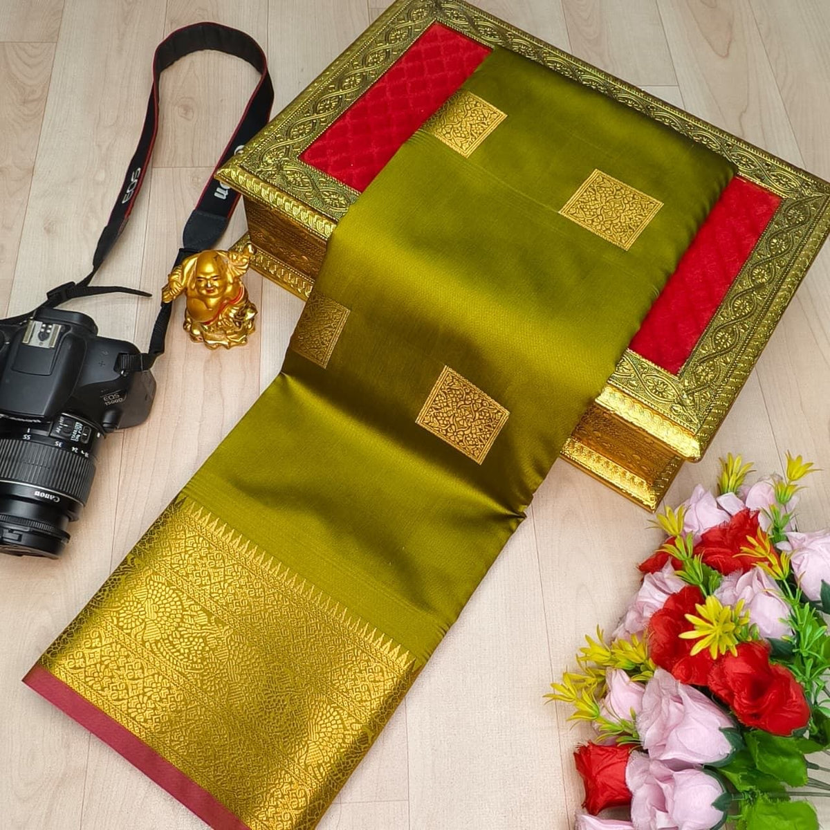 Olive Green Shining Fusion Soft Silk Sarees