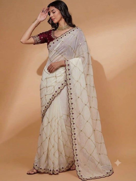 Off White Pure Georgette Saree with Embroidery & Sequence Work