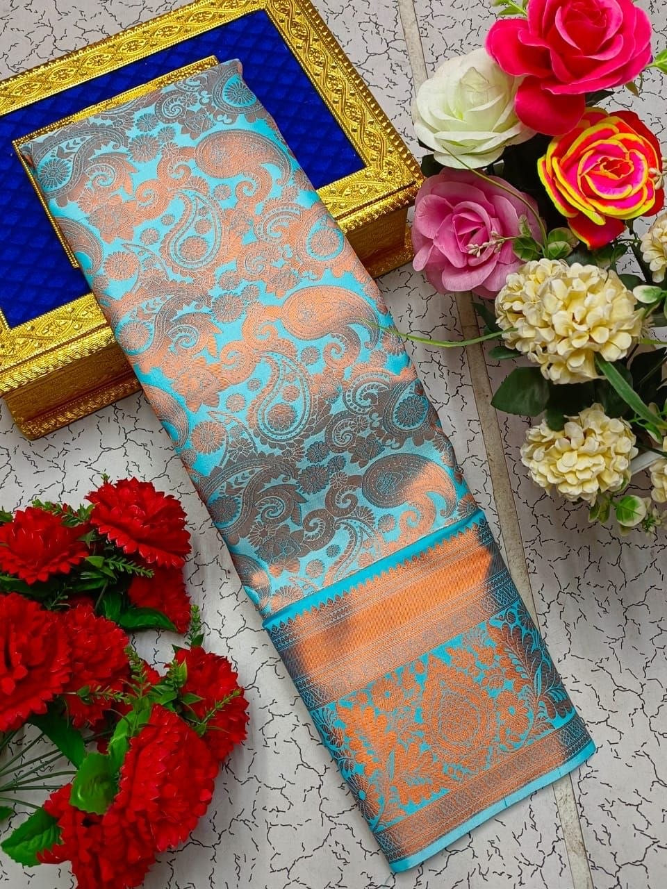 Light Blue Dharmavaram Style Original Korvai Silk Wedding Saree